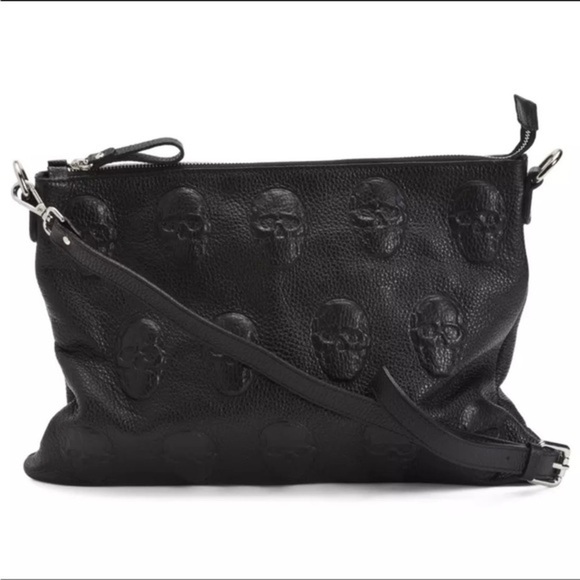 IO Pelle Italian Leather Skull Embossed Crossbody Bag Black NWT